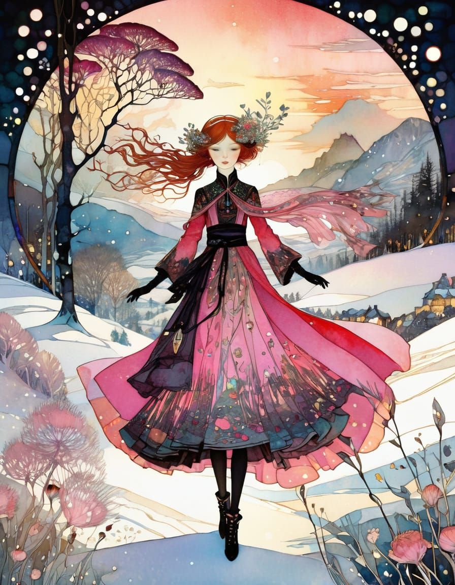 Ethereal Winter Scene in Vibrant Art Nouveau Style