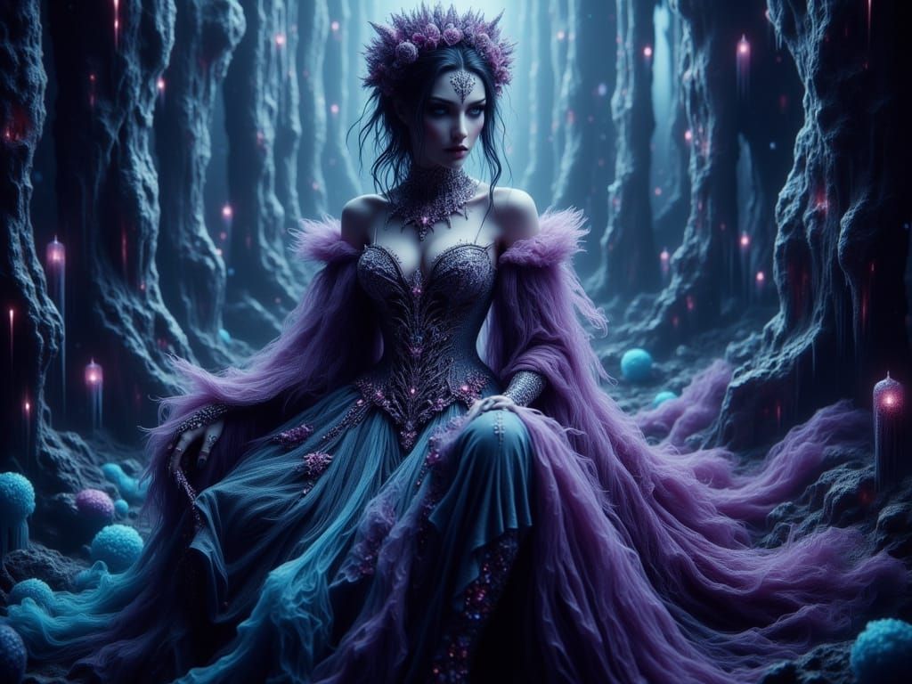 Gothic Bride in Exquisite Purple and Turquoise Wedding Gown