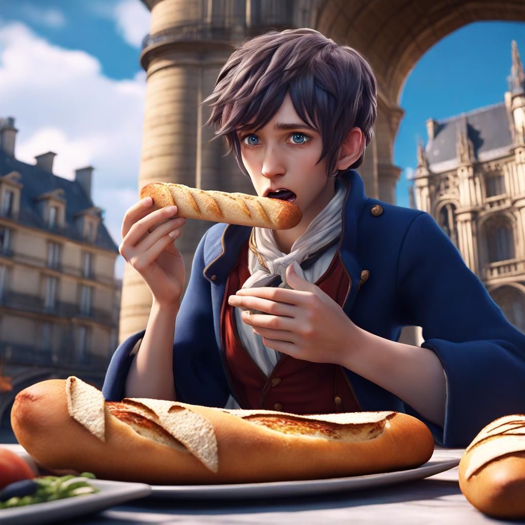 Anime Style: French Person with Baguette