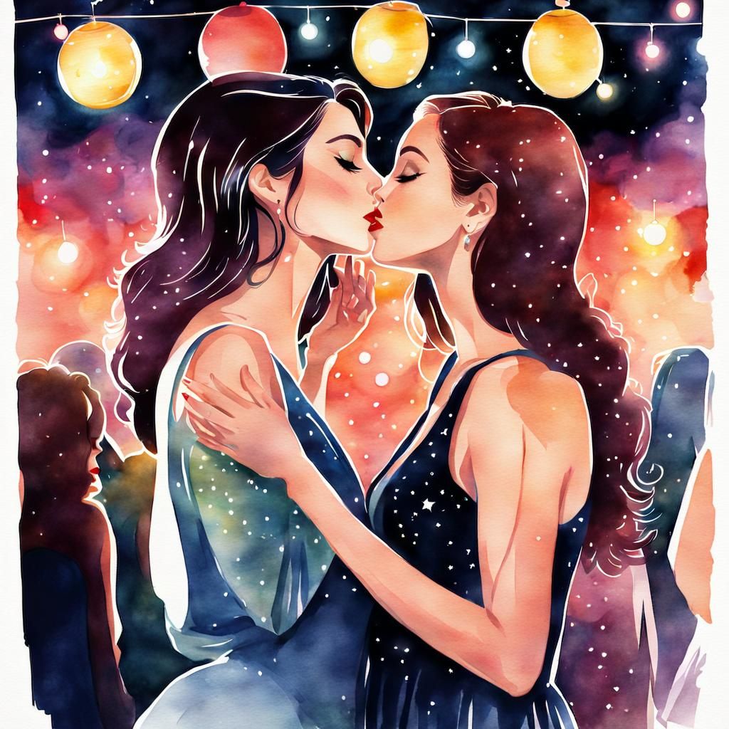 Radiant Watercolor: Women Kissing at Twilight Party