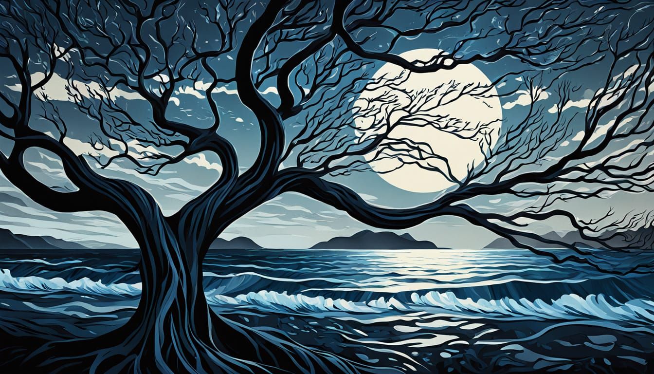 Art Nouveau Tree Silhouettes Bending Over A Stormy Sea