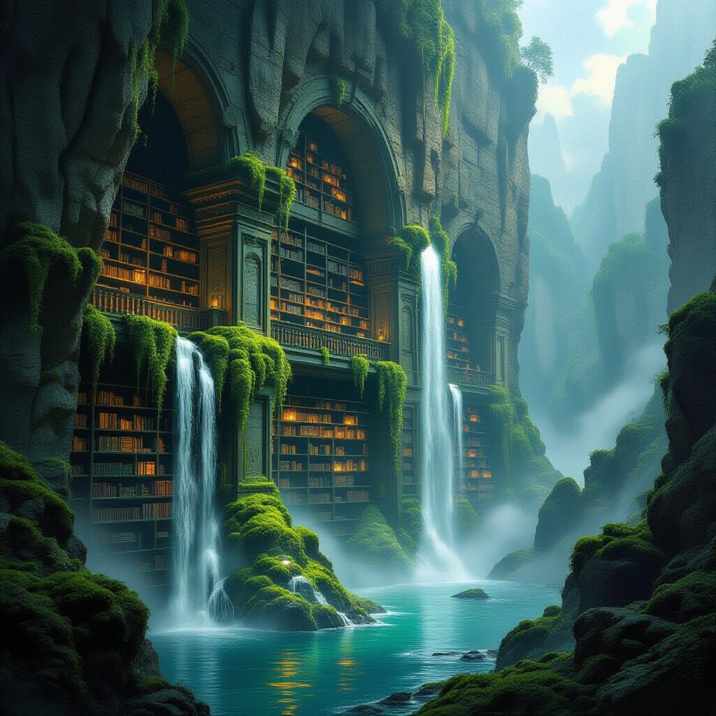 Epic Fantasy Atlantian Library Carved into Cliffside