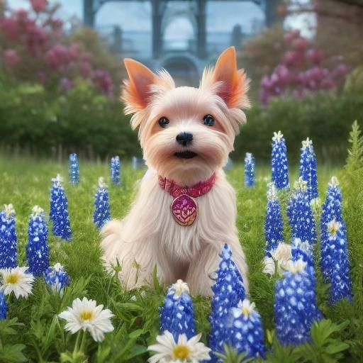 Yorkie Dog Portrait with Bluebonnets and White Flowers