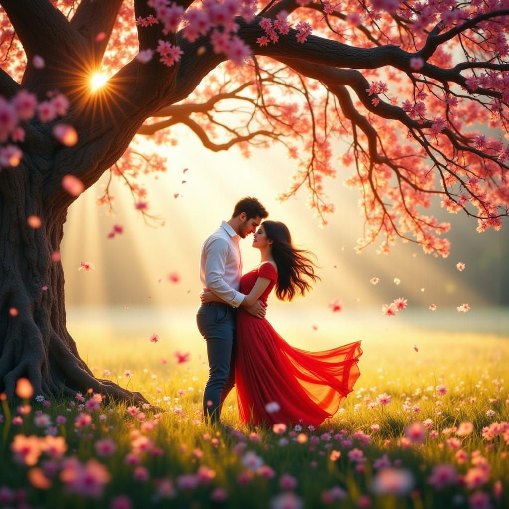 Serene Couple Basking in Springtime Bliss in Hyper Photoreal...