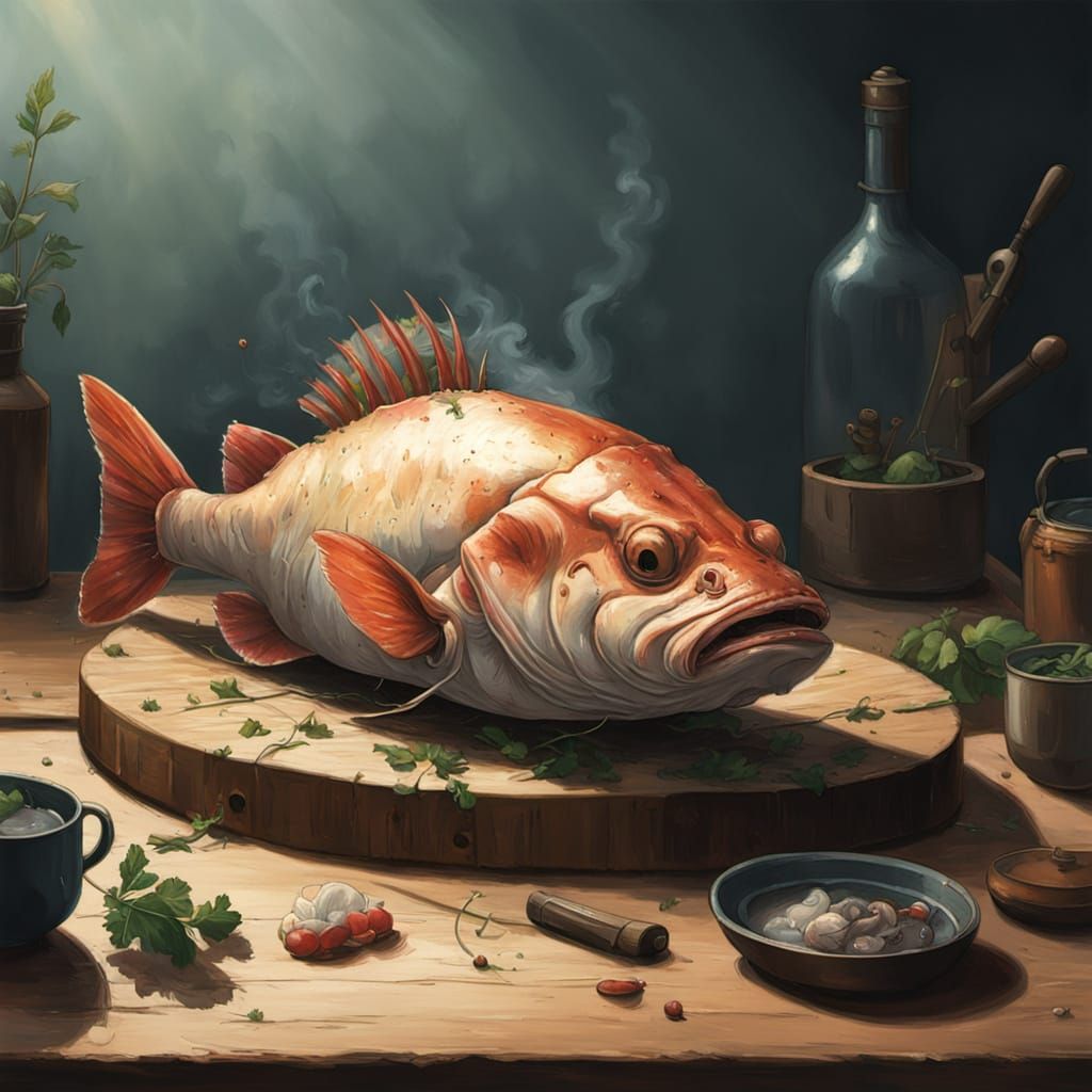 Golden Monkfish on Rustic Cutting Board in Chiaroscuro Style