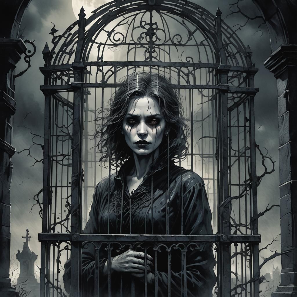 Eerie Comic Book Art: Woman in Cemetery Cage