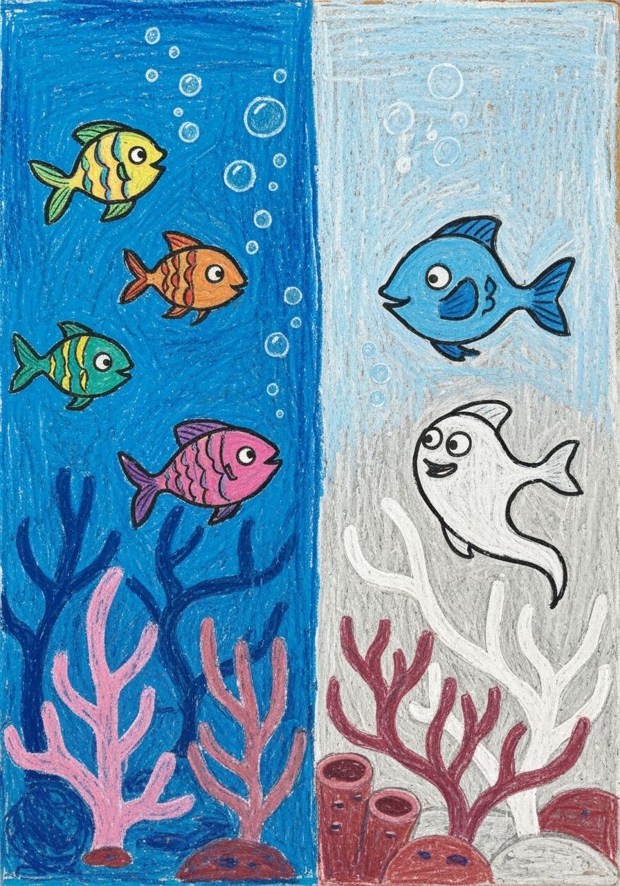 Colorful Crayon Fish on Vibrant Reef vs. Ghostly Fish in Ble...