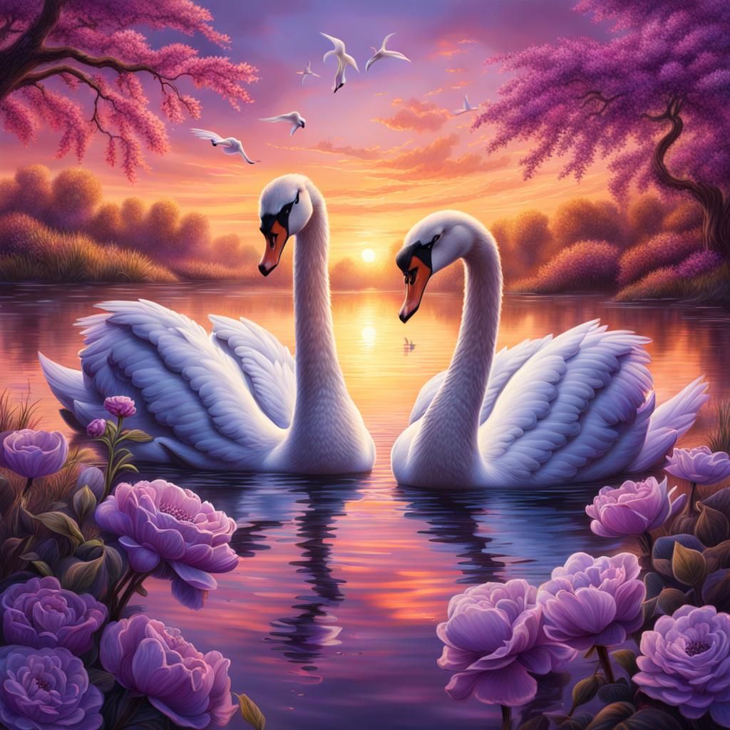Swans with Purple Flowers at Sunset: Photorealistic Fantasy