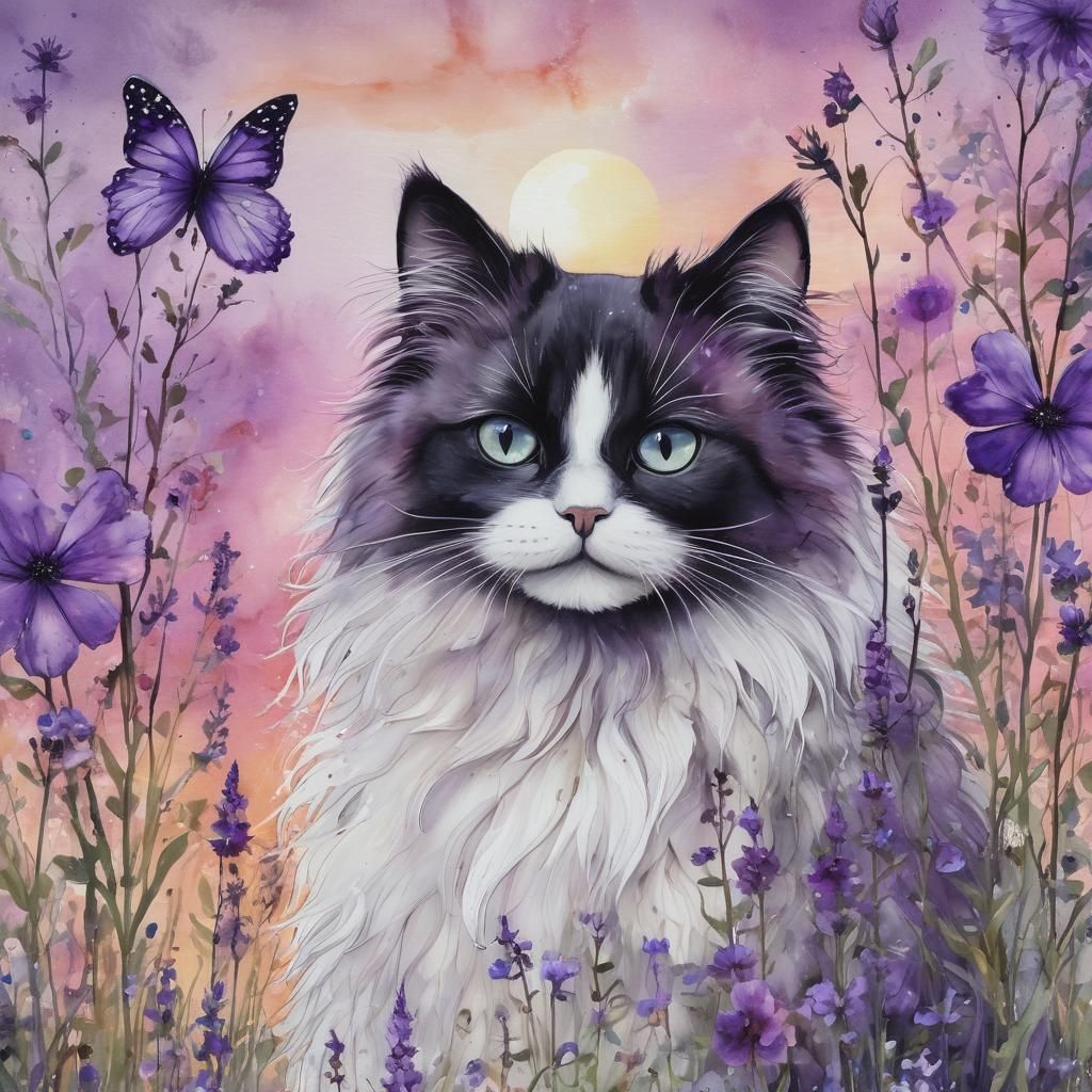 Cute Cat in Whimsical Watercolor Landscape