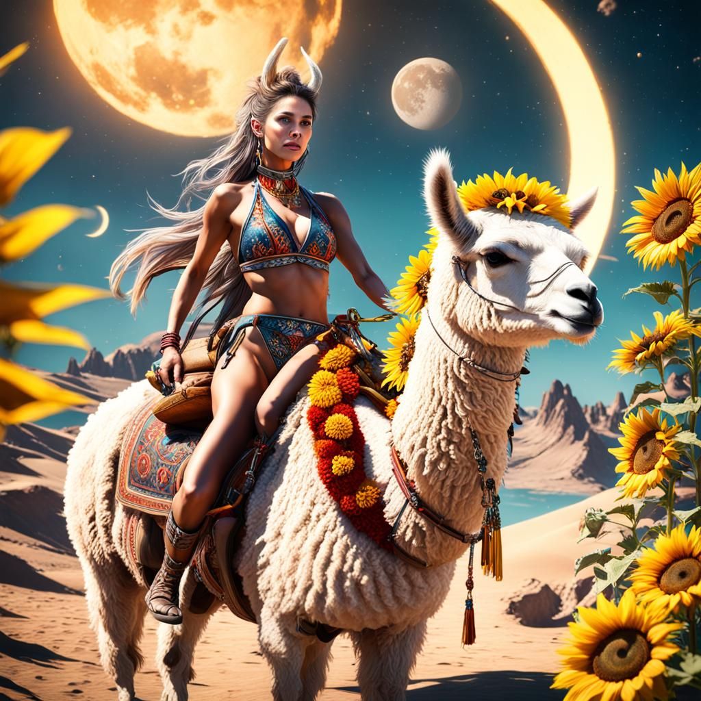 Bikini Woman Riding Llama on the Moon