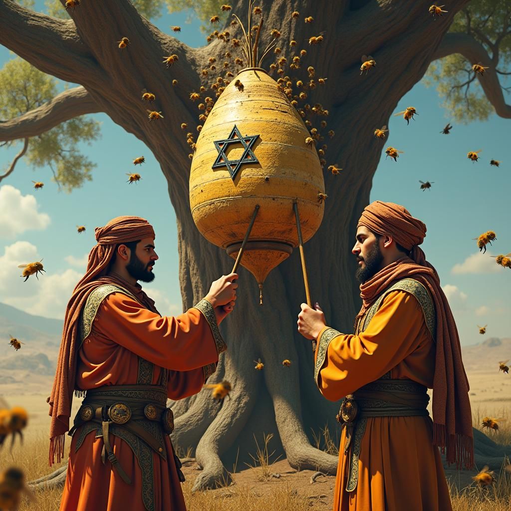 Men Poke Beehive with Star of David Emblem