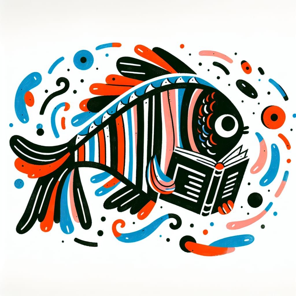 Whimsical Fish Reads Book: Minimalist Ink Poster