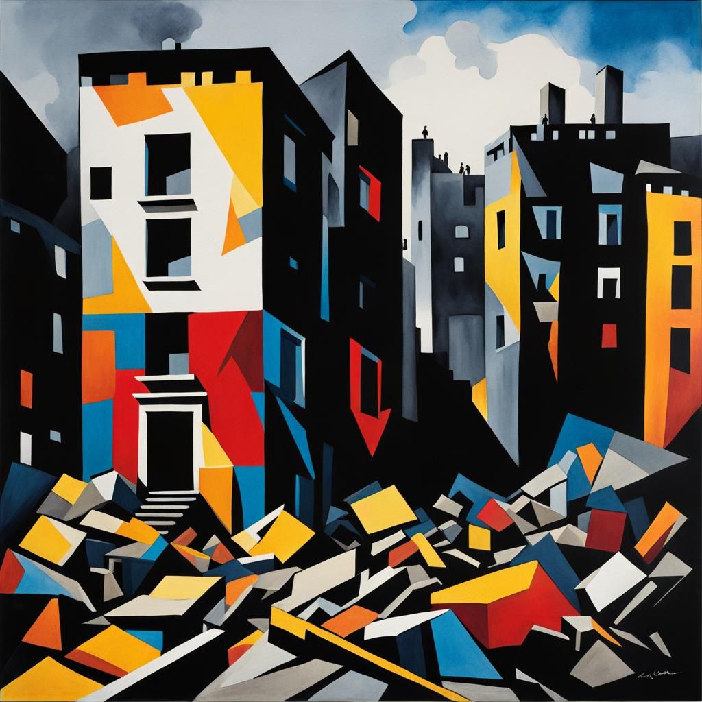 Children Play in Ruins: Cubist, Monochromatic Urban Landscap...