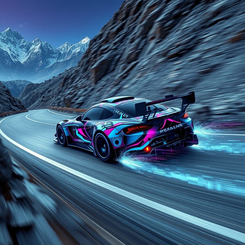 Rally car wrapped in "jarvis humby" artwork