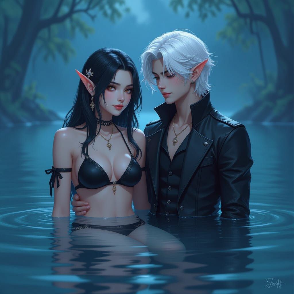 Goth Elf Girl in Misty Lake Fantasy Art