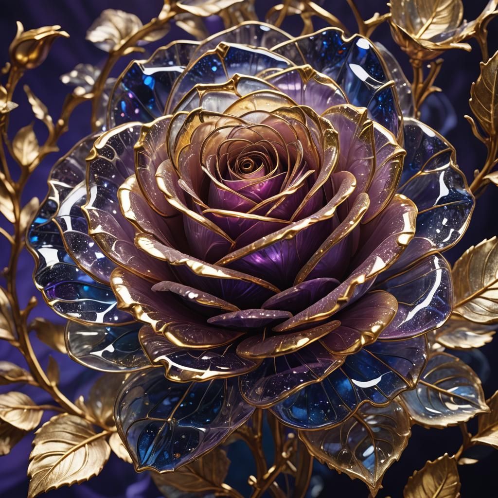 Intricate Glass Rose Sculpture with Golden Filigree