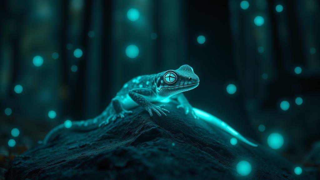 Glowing Gecko with Turquoise Aura, Dreamy Aesthetic