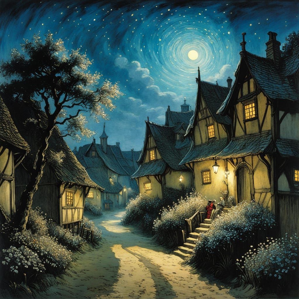 Fairytale Village Under Starry Sky in Rackham Style
