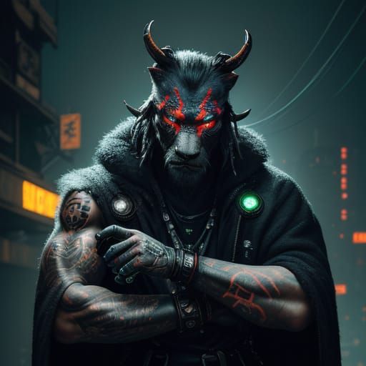 Cyberpunk 4-Armed Monk in Neon Shaodao-Era Beast Fur