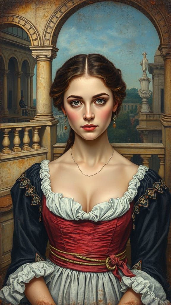 Lady Juliet Capulet: Encaustic Impasto Balcony Scene