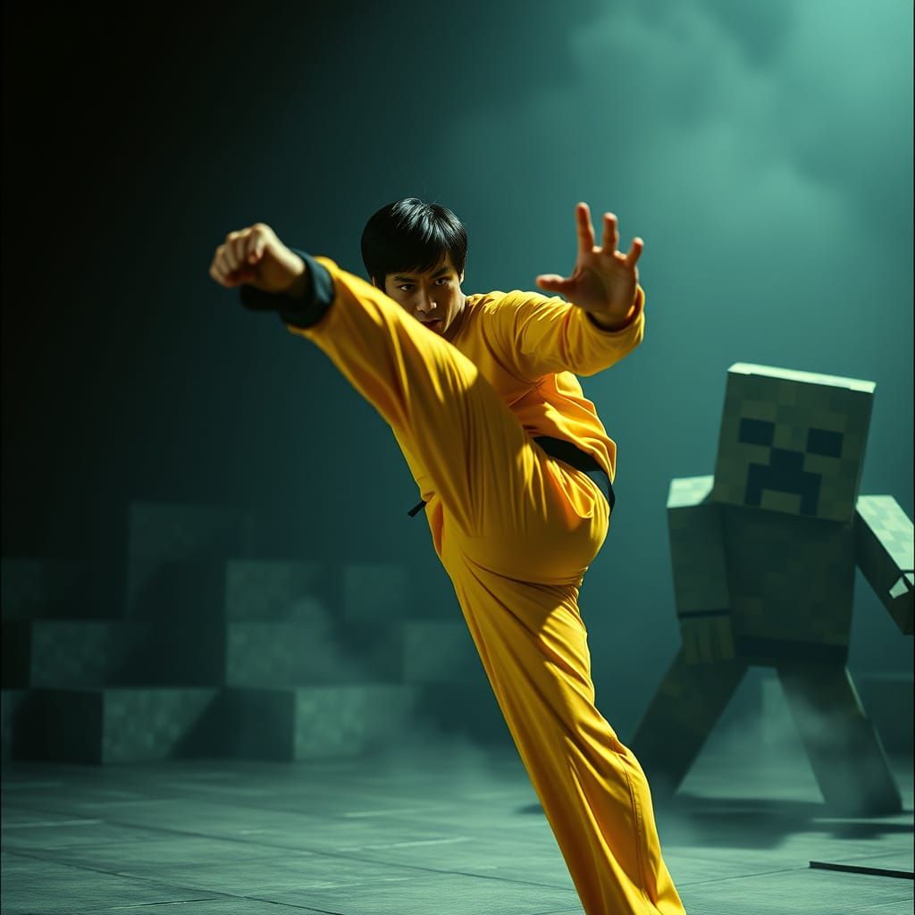 Bruce Lee vs Minecraft Creeper in Cinematic Style