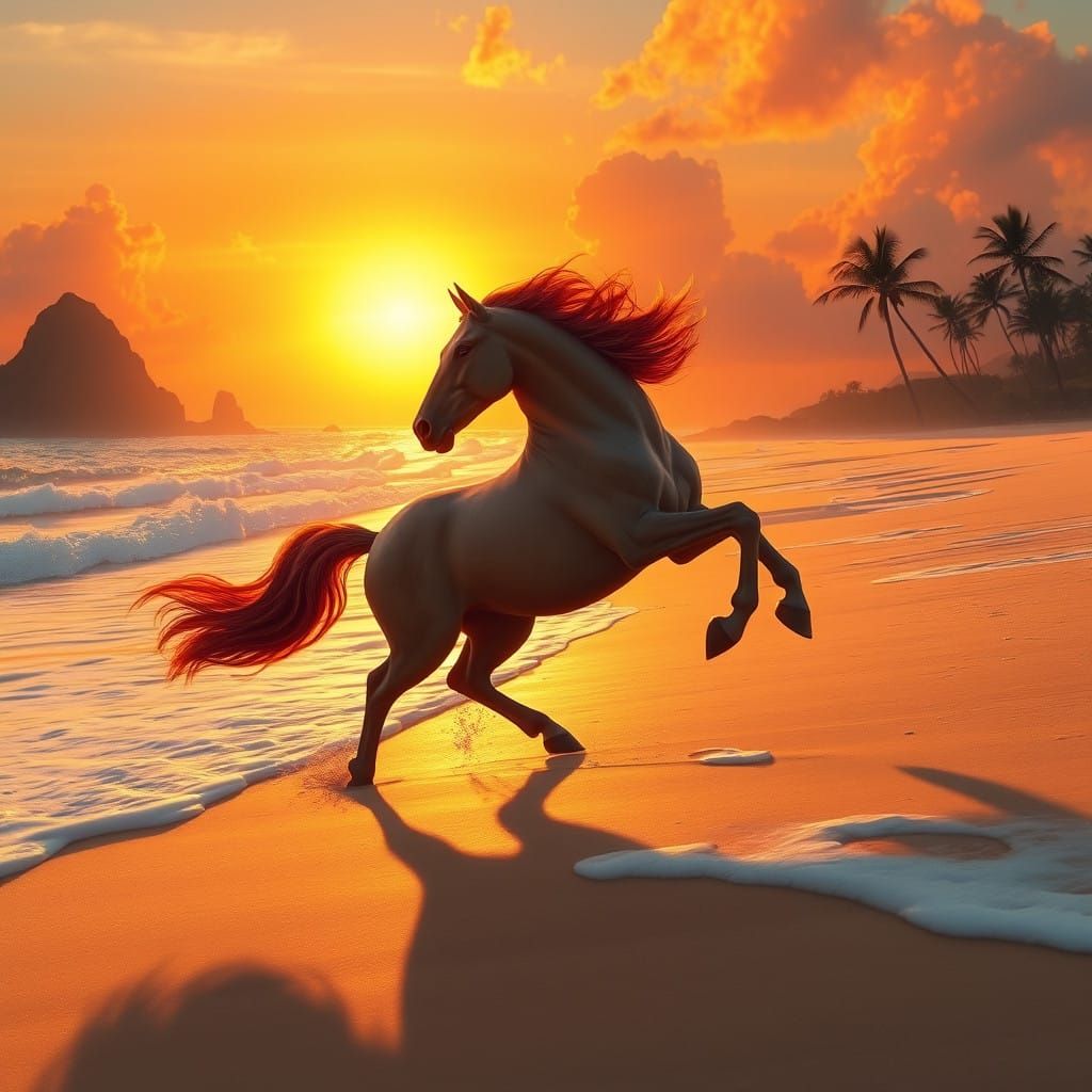 Majestic Horse Gallops Wildly Along Sunset Beach