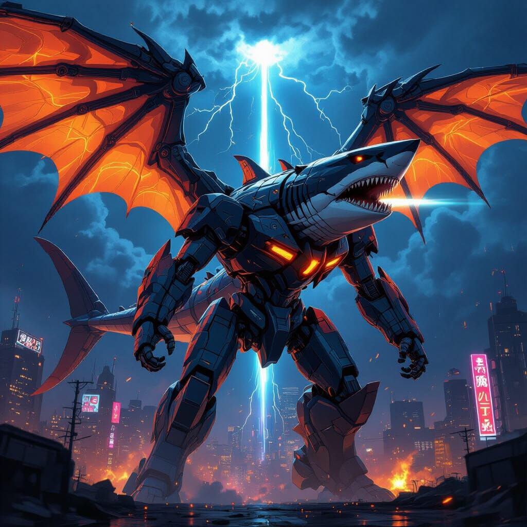 Shark Jaeger with Dragon Wings in Neon City
