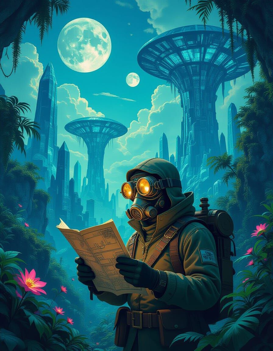 Alien Jungle Explorer Amidst Crystalline Trees and Glowing F...