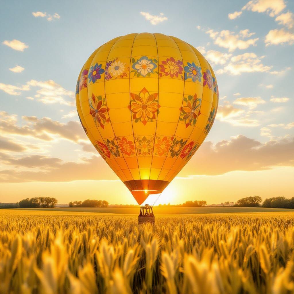 Hot Air Balloon Over Wheat Field in Pastel Art