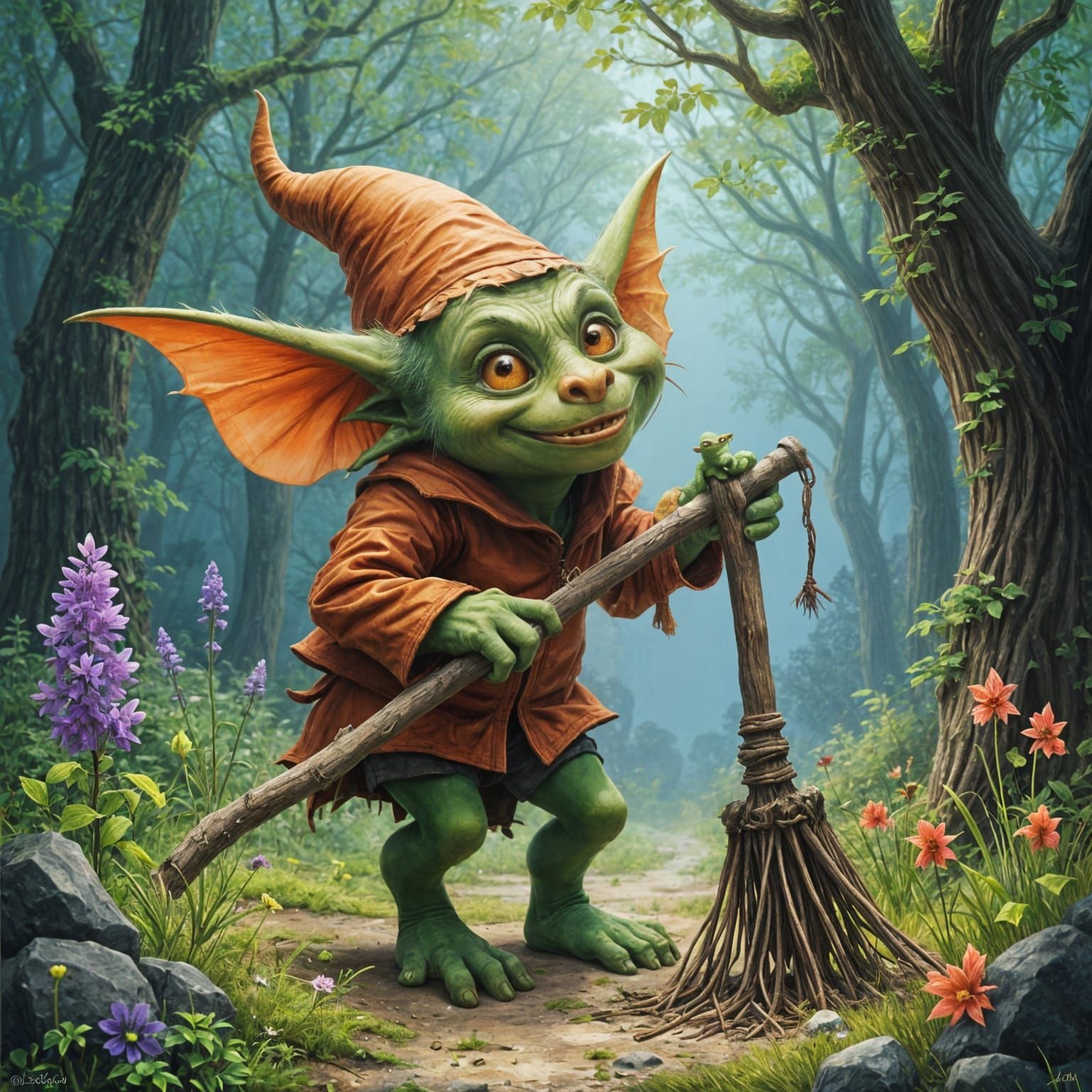 Goblin Groundskeeper in Vibrant Forest Scene