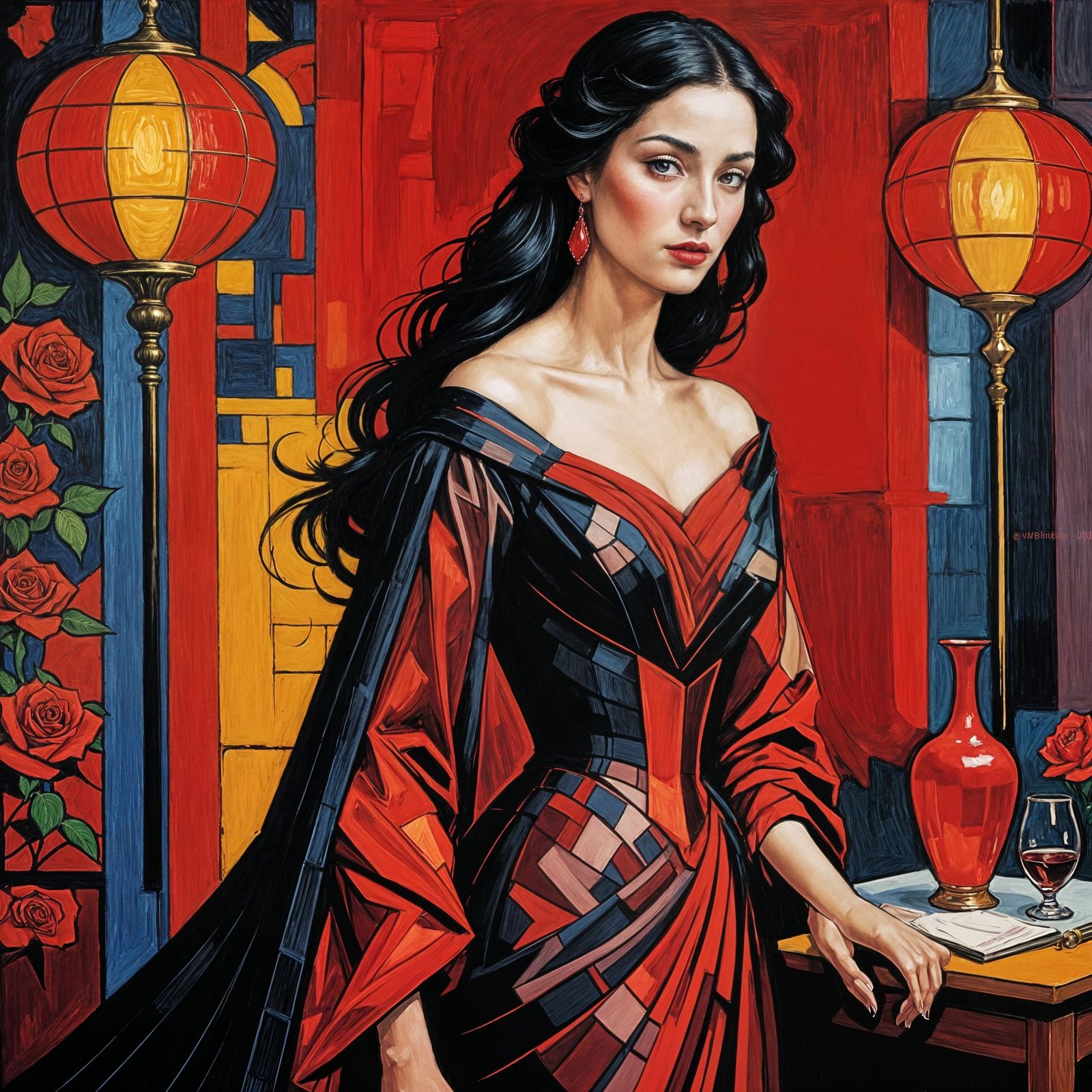 Soulful Woman in Crimson Gown Under Red Lamps