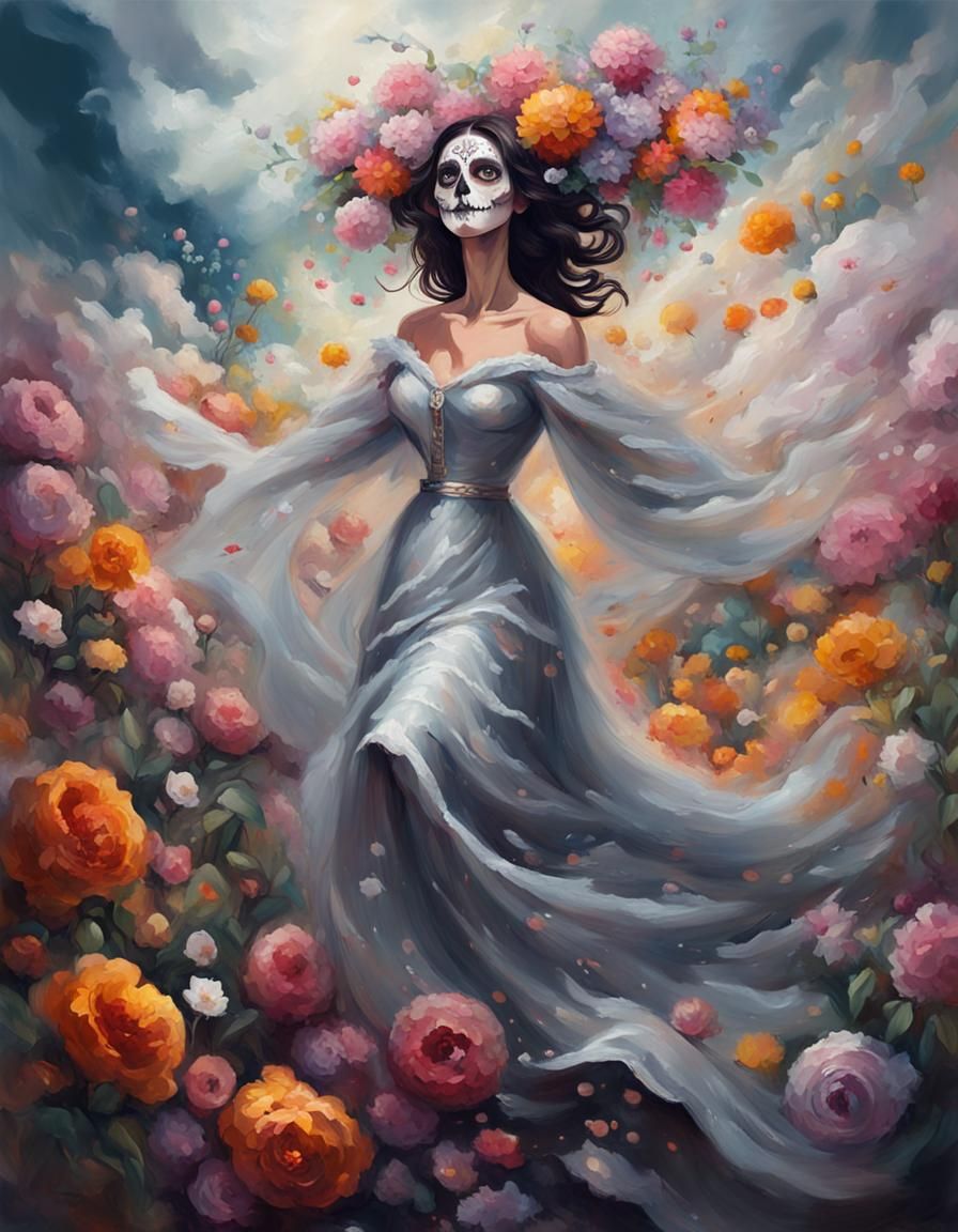 Elegant Catrina Dances in Floral Fantasycore Style