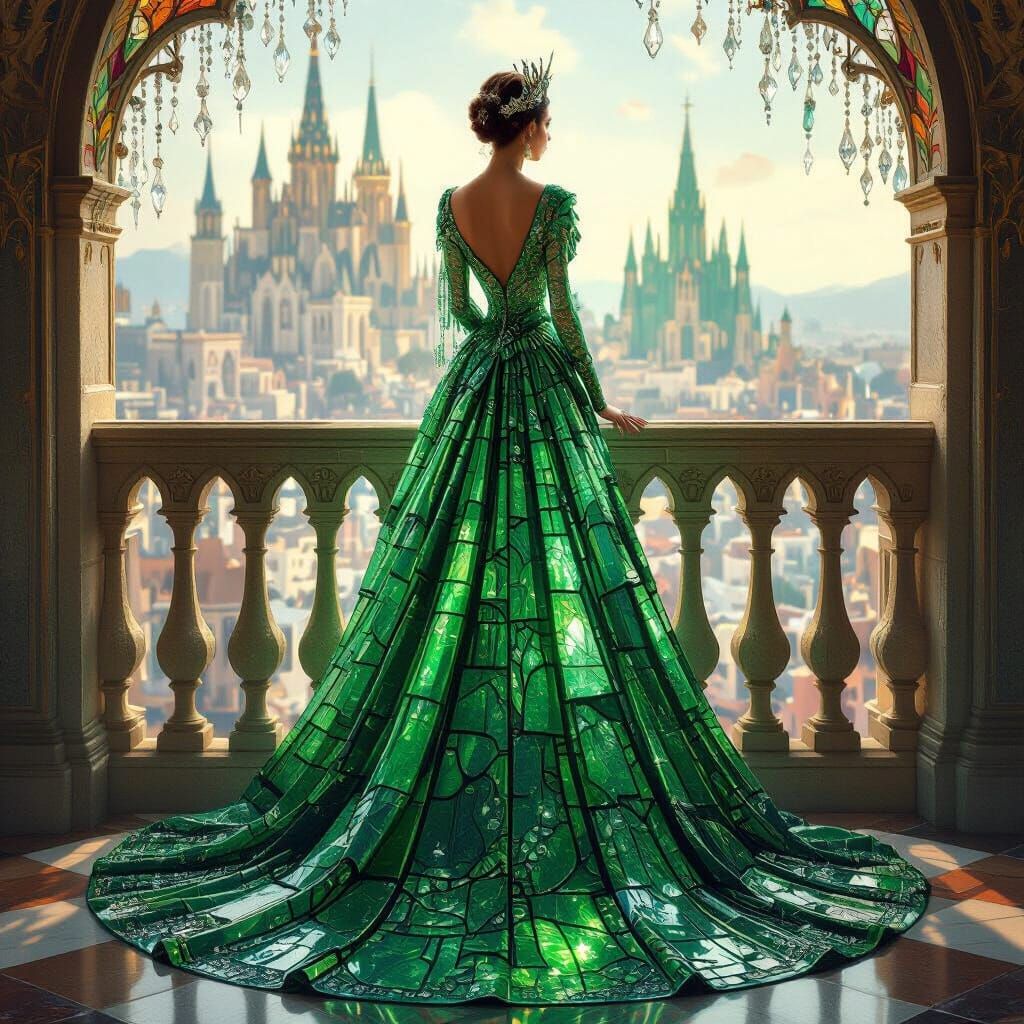 Regal Queen in Emerald Stained Glass Gown Overlooking Fantas...