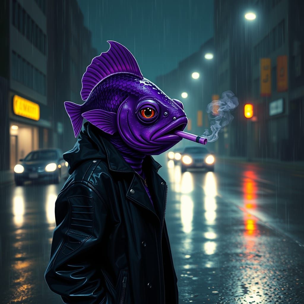 Purple Fish Vaping in Rainy Neon Noir Scene