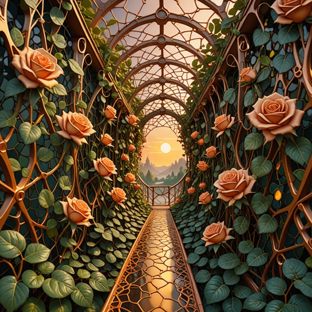 Surreal Garden-Bridge with Rose Thorns in Oil Painting