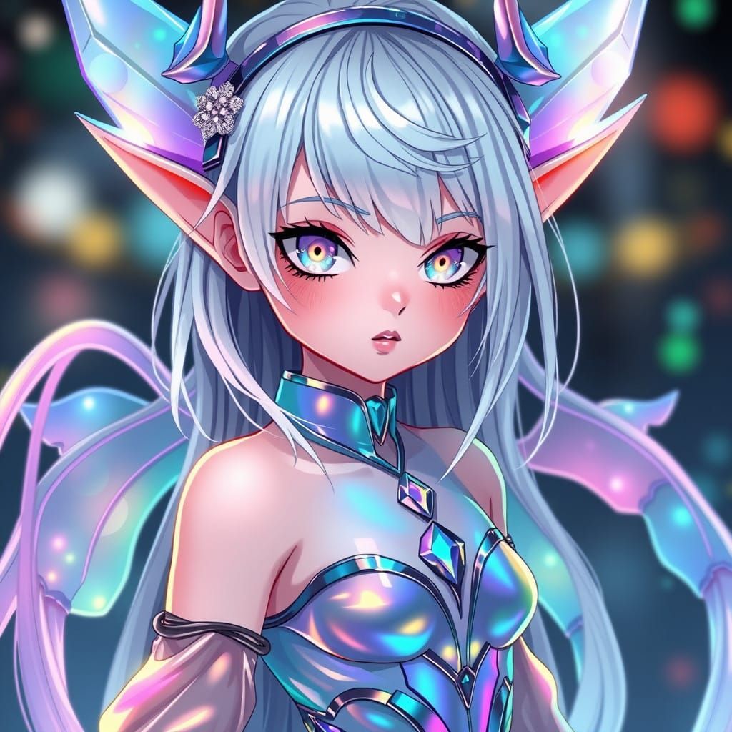 Cyberpunk Fae Goddess with Opalescent Skin and Iridescent Ar...