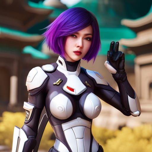 Futuristic Korean Girl in Ancient Armor with Laser Rifle