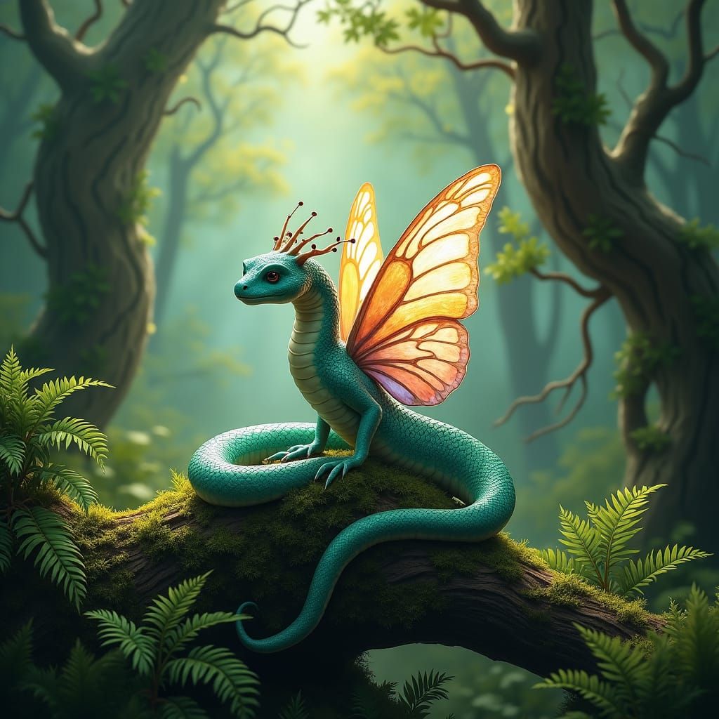 Serpentine Butterfly Creature in Mystical Forest
