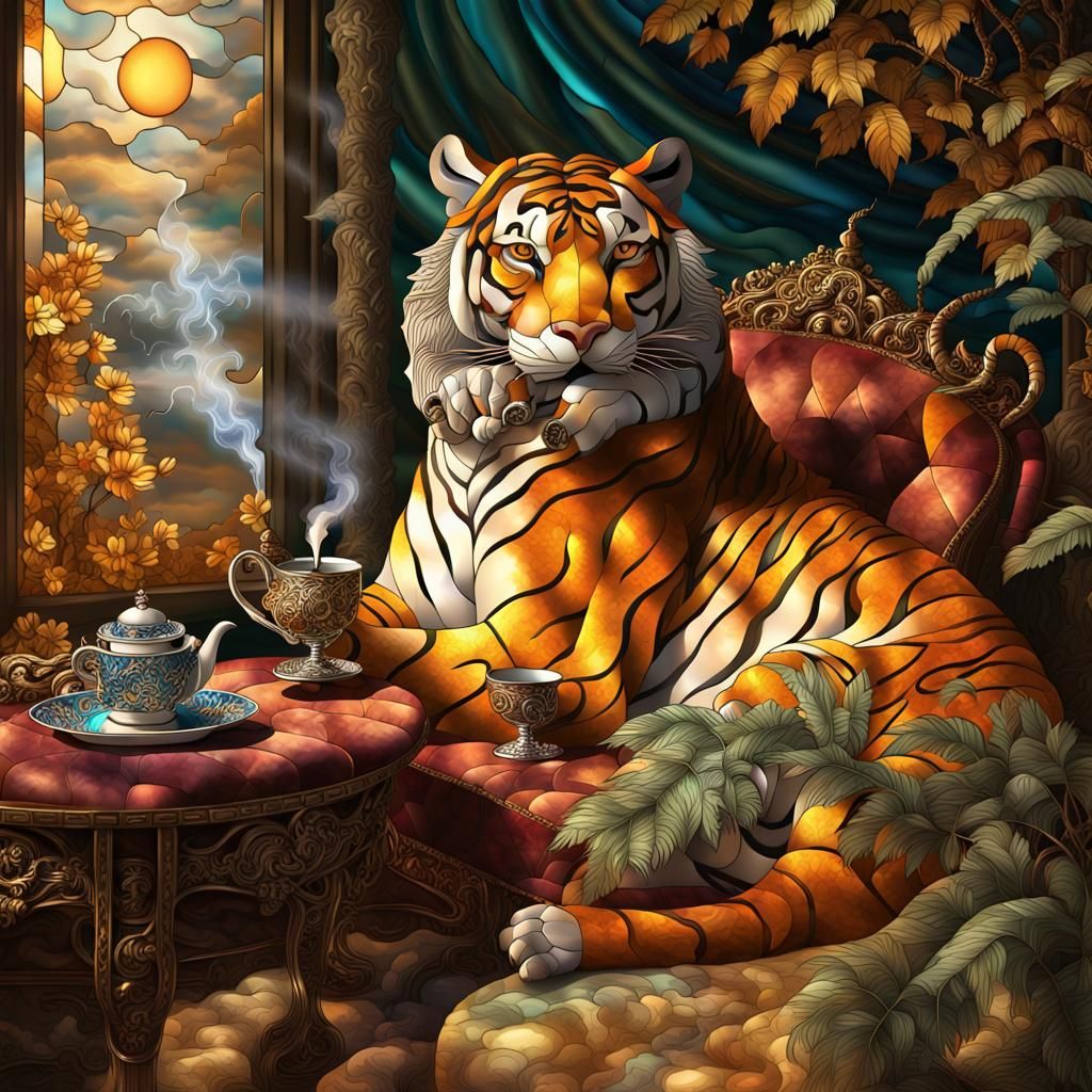 Decadent Tiger in Stained Glass, Tiffany Style