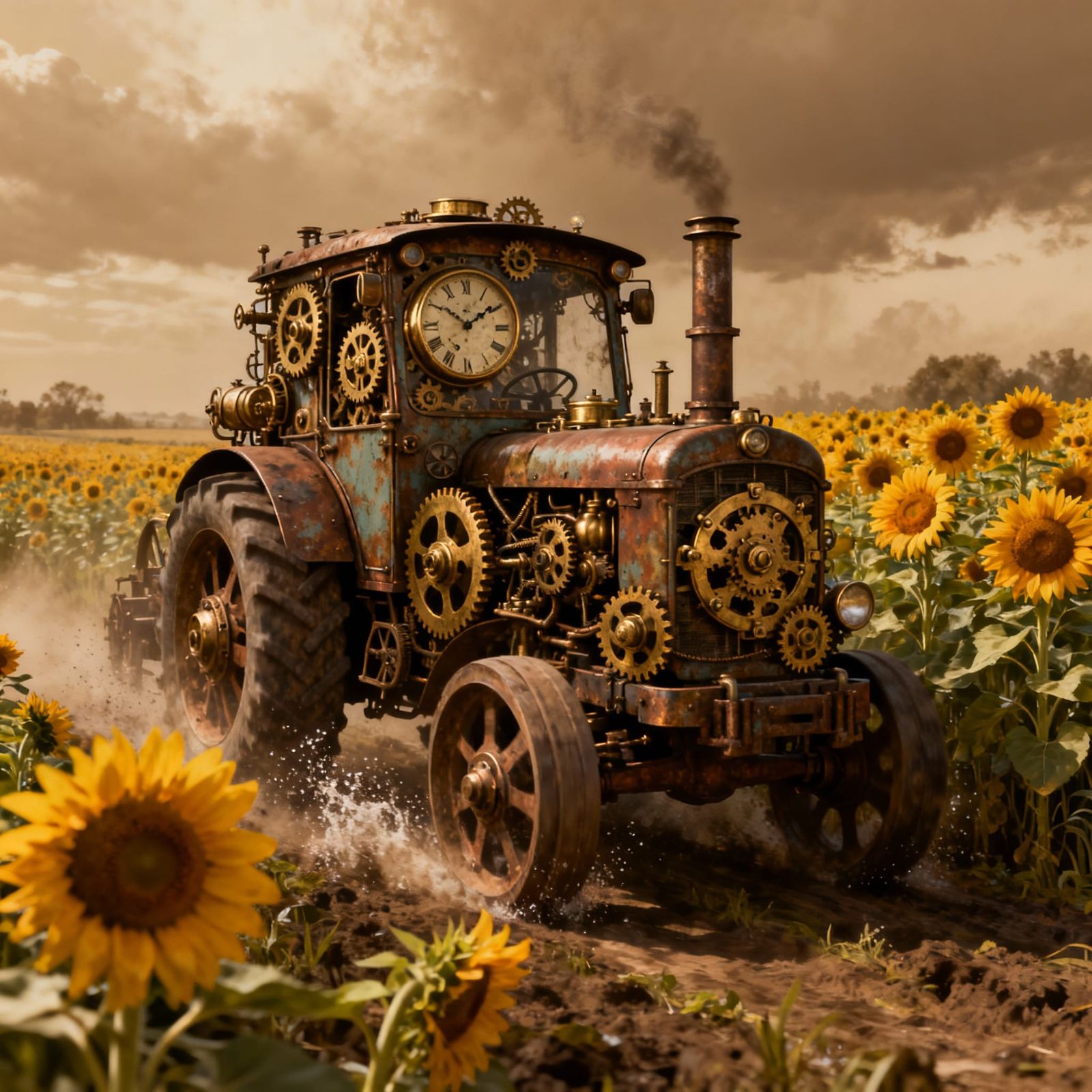 A weathered, steampunk tractor, its brass gears gleaming und...