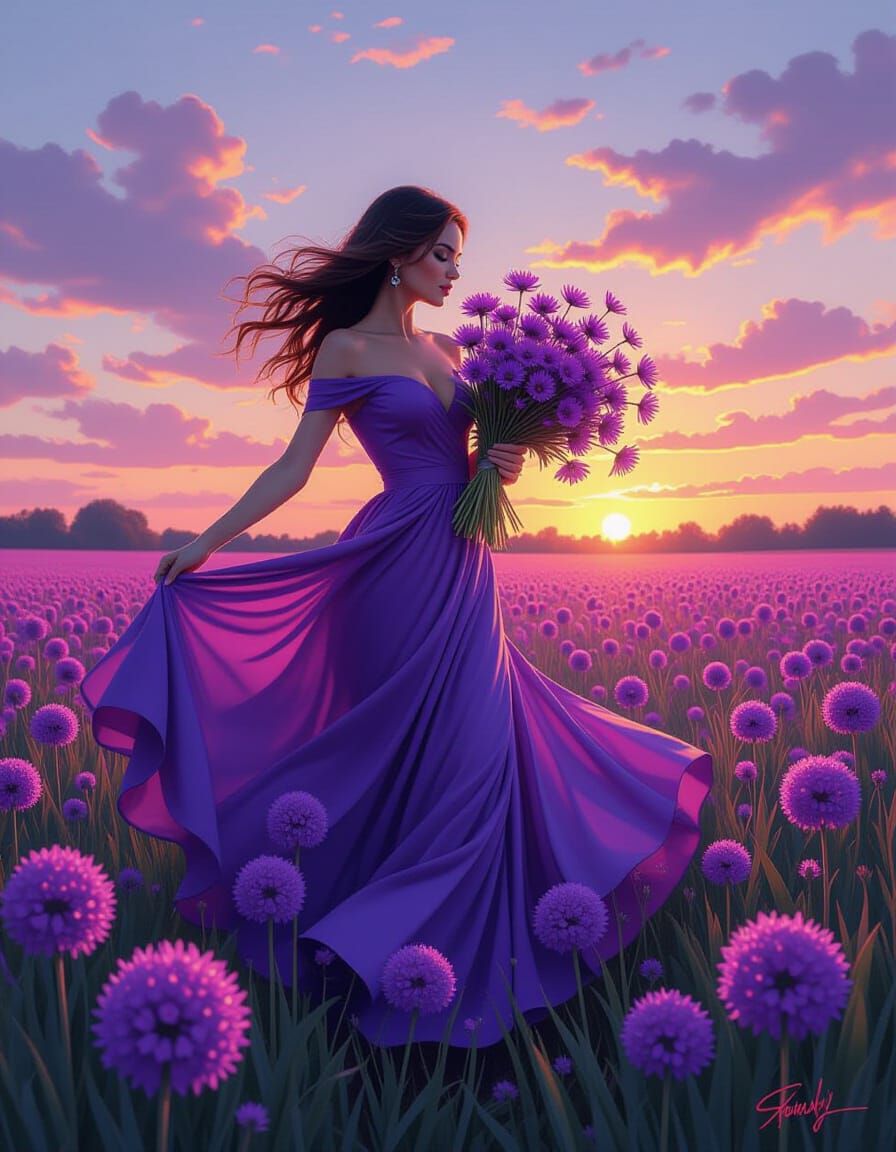 Woman in Violet Dress Dancing in Allium Field at Twilight