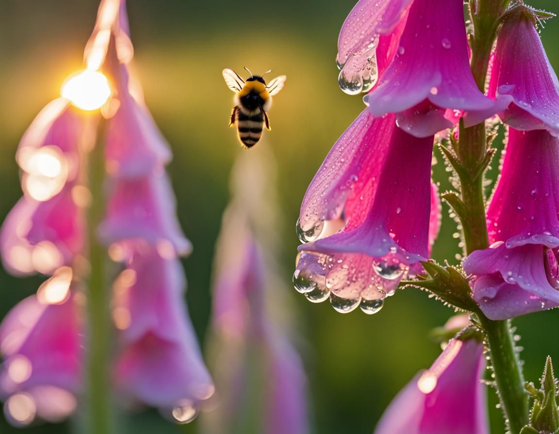 Foxgloves at Dawn with Bee in Flight