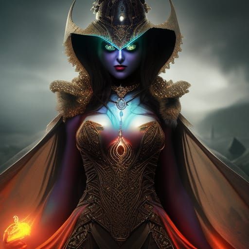 A Detailed, hyper-realistic, Sinister, and dark colored, beautiful djinn priestess, intricate armor, glowing eyes, portr...