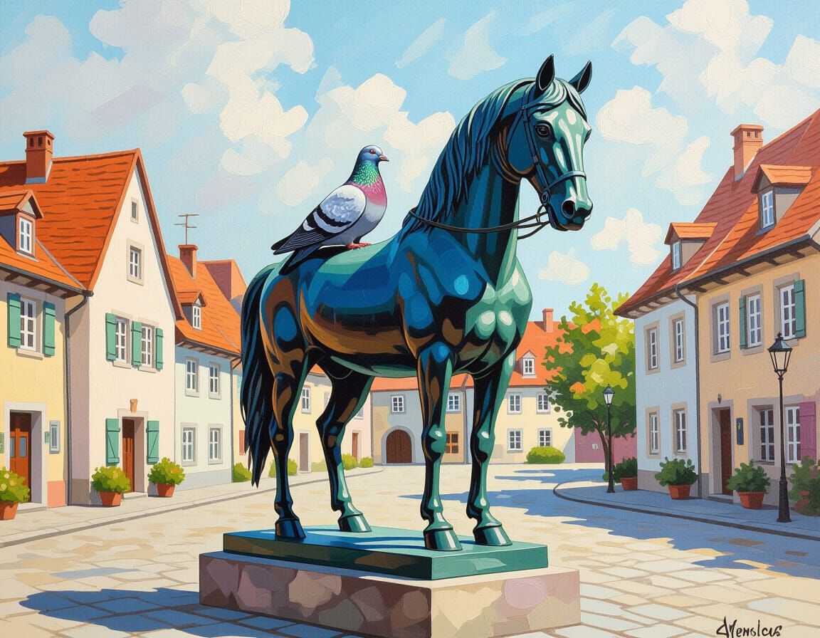 Pigeon on Horse Statue in Village Square Painting