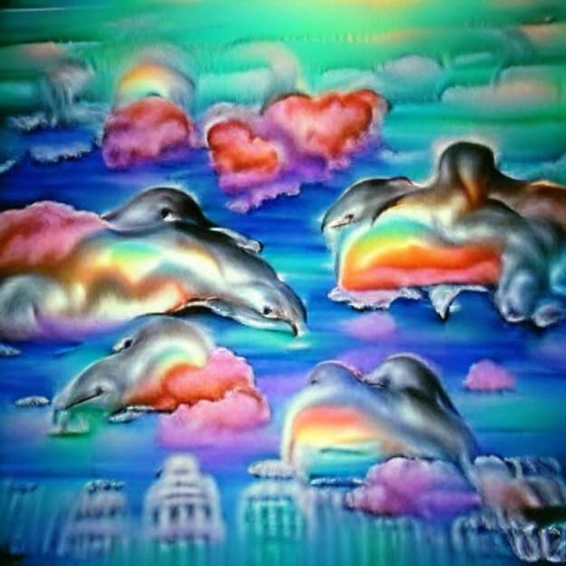 Rainbow Sunset Cloudscape with Dolphins in 90s Style