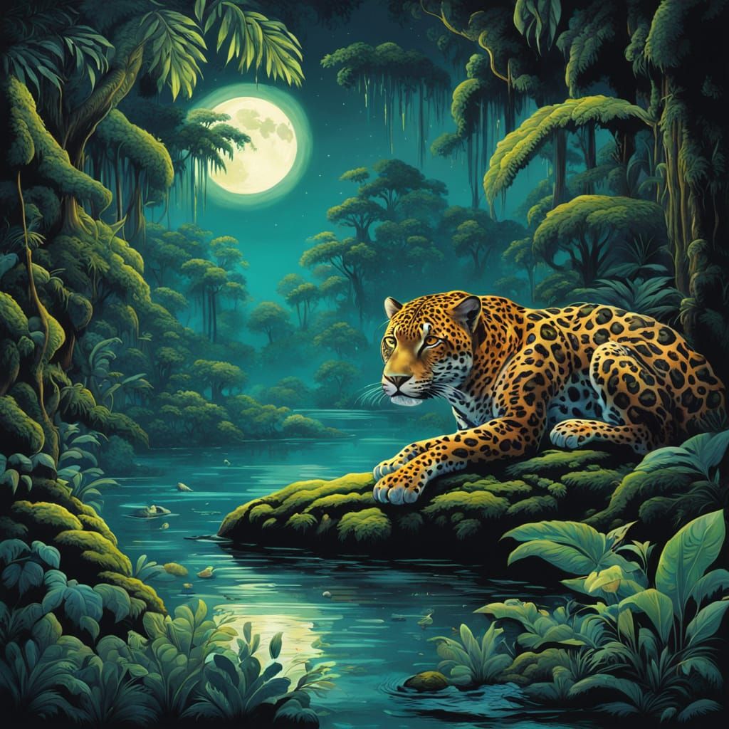 Jaguar in Lush Rainforest by Midnight River Moon