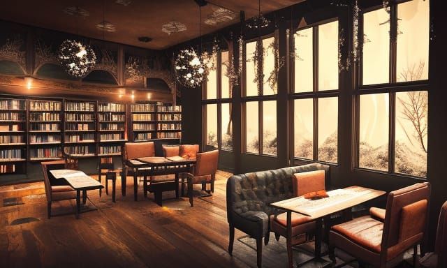 Winter Coffee Shop Bookstore with Crackling Fire