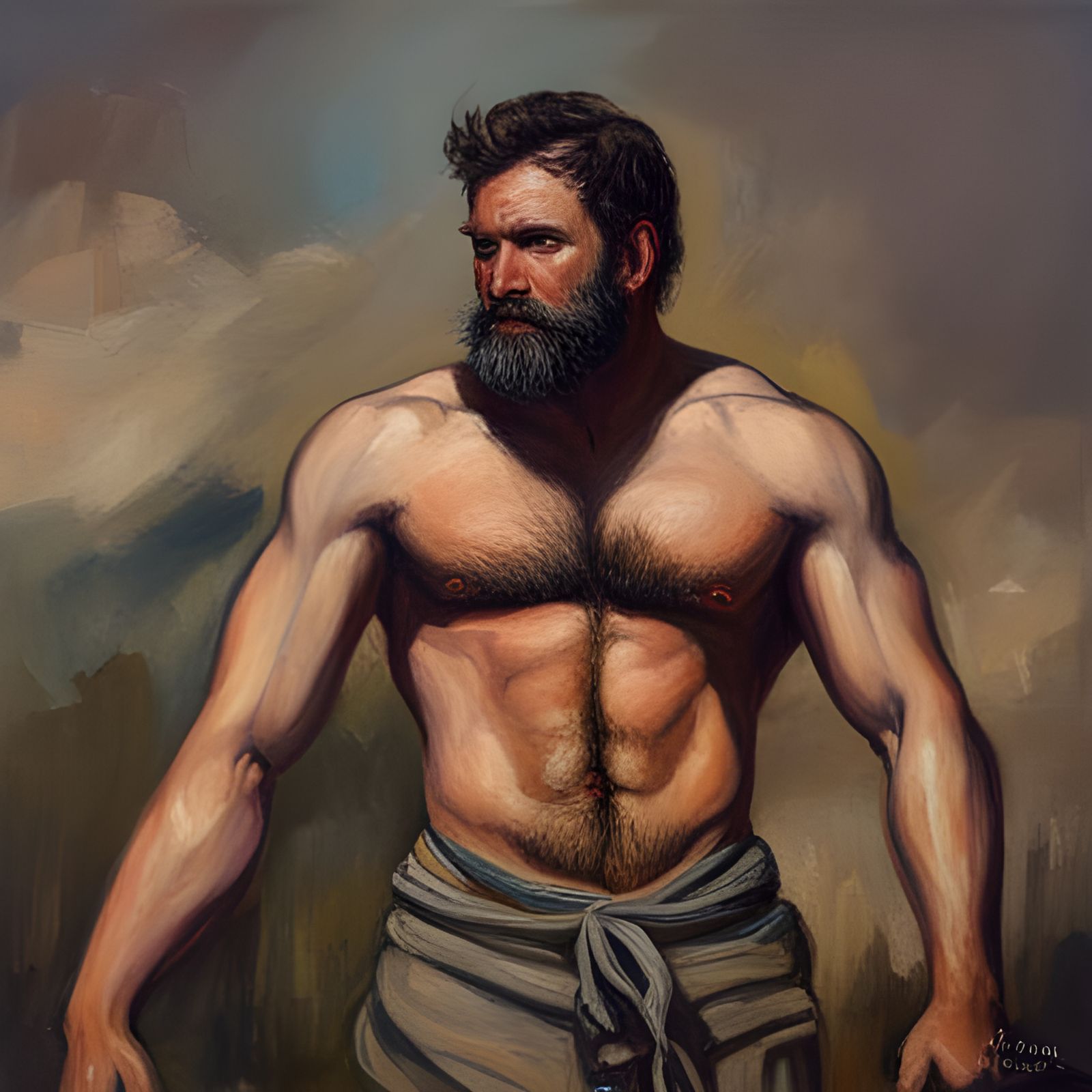 Detailed Oil Painting of Tall Bearded Men