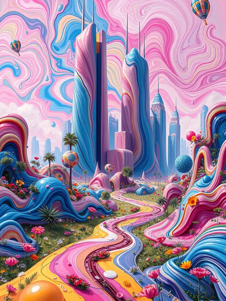 Futuristic Candy Meadow in Utopian Cityscape