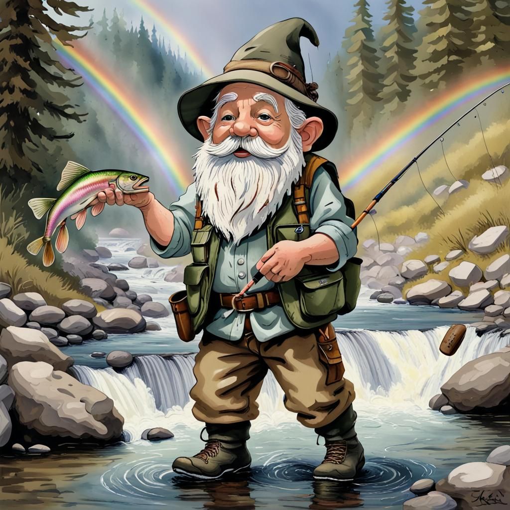 Gnome Fisherman Casting to Trout, Storybook Illustration